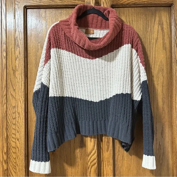 POL Chunky Cowl Neck Boxy Sweater Color Block Cream Rust Gray Women L oversize - Picture 3 of 8
